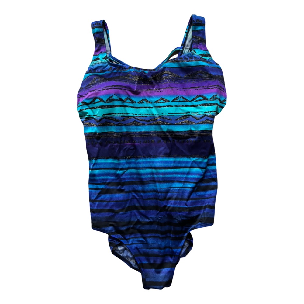 Striped One-Piece Swimsuit in Blue, Teal & Purple Plus Size 22W